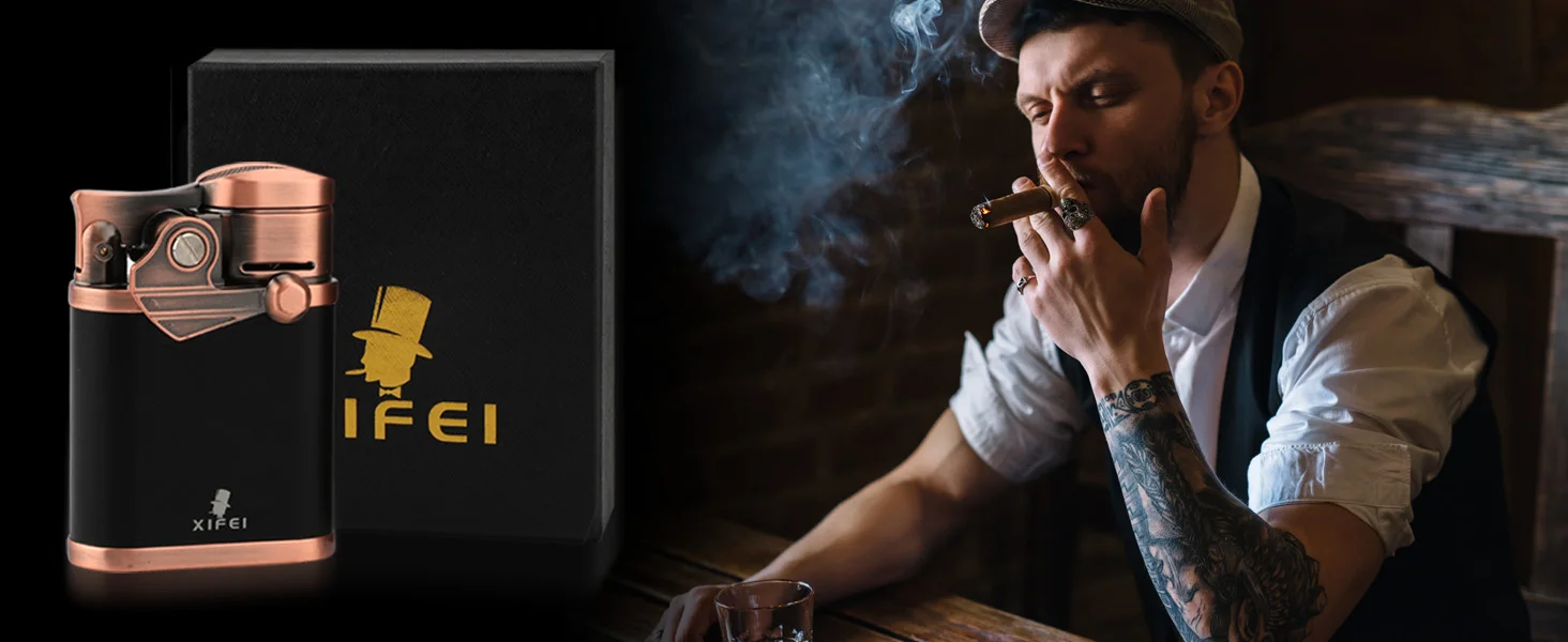 XIFEI Cigar Lighter 4 Jet Flame Torch Lighter with Cigar Holder, Windproof Rocker Arm Butane Lighter Adjustable Flame
