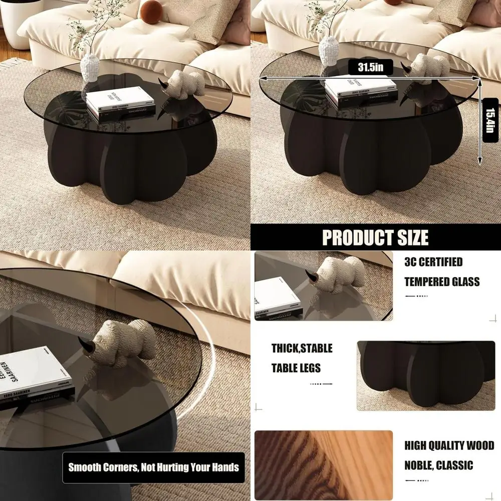 

Mid-Century Modern 31.5 Round Glass Coffee Table with Unique Circular Center and Wood Base for Living Room