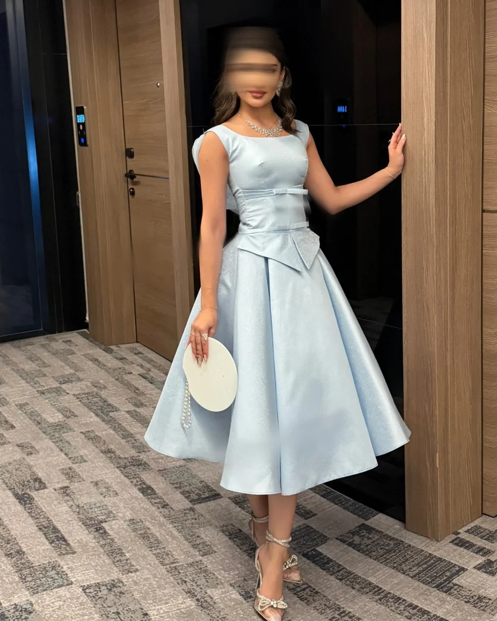 

Customized Sky Blue High Quality Chinese Style Pleat Bow Ruched A-line Square Neck Tea Length Evening Dresses for Woman
