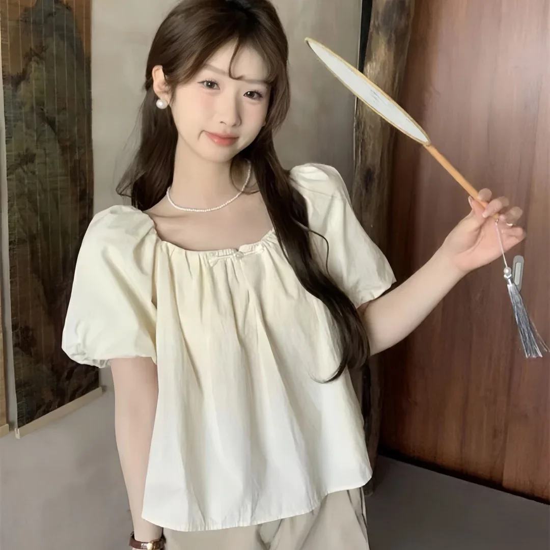 Shirts met korte mouwen Dames tule geplooid biezen cropped shirt vakantie reizen Fairycore artistiek vrouwelijk student jeugdig