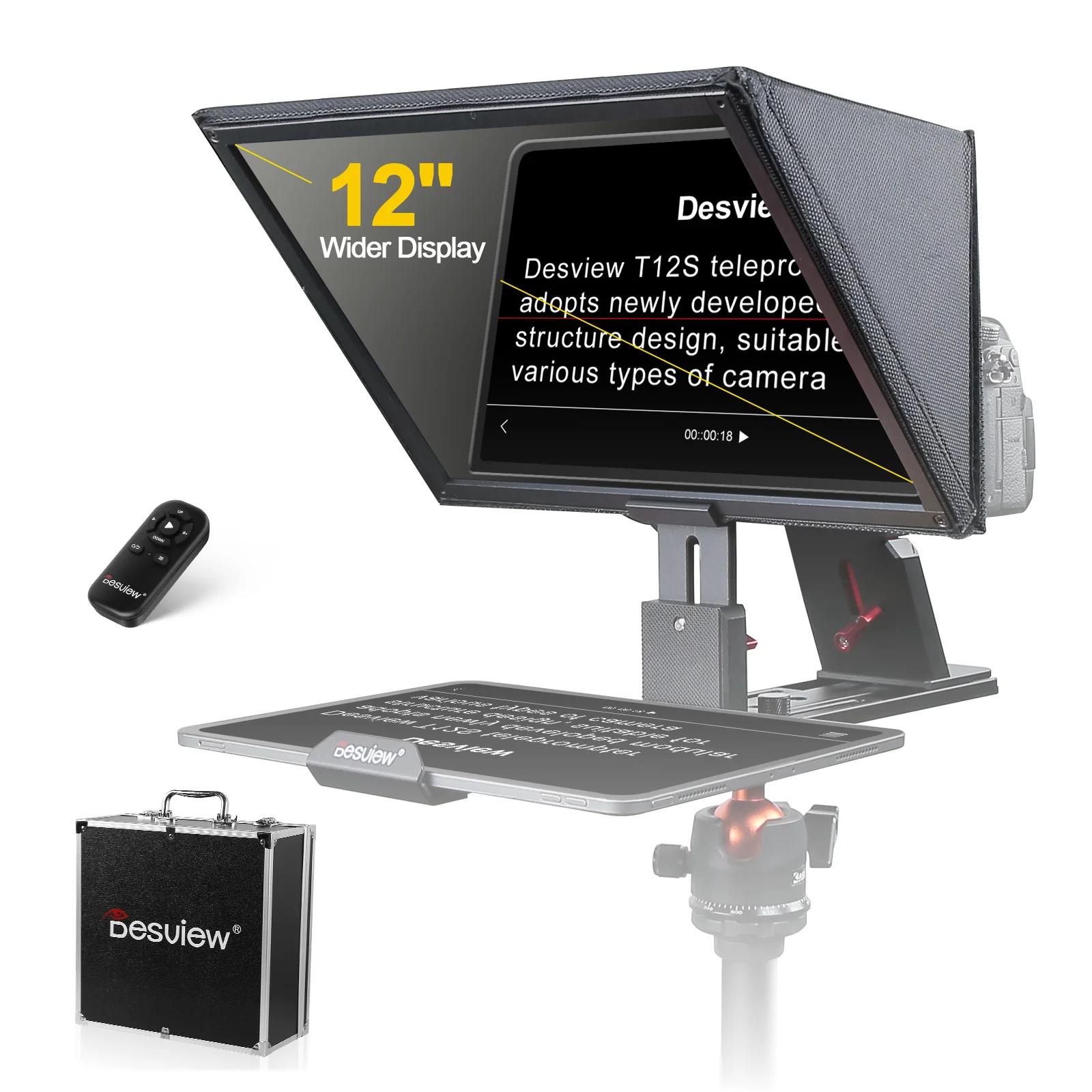 Desview T12S Portable Large Screen Teleprompter Supports prompting devices up to 12.9 inch with free remote controller and APP