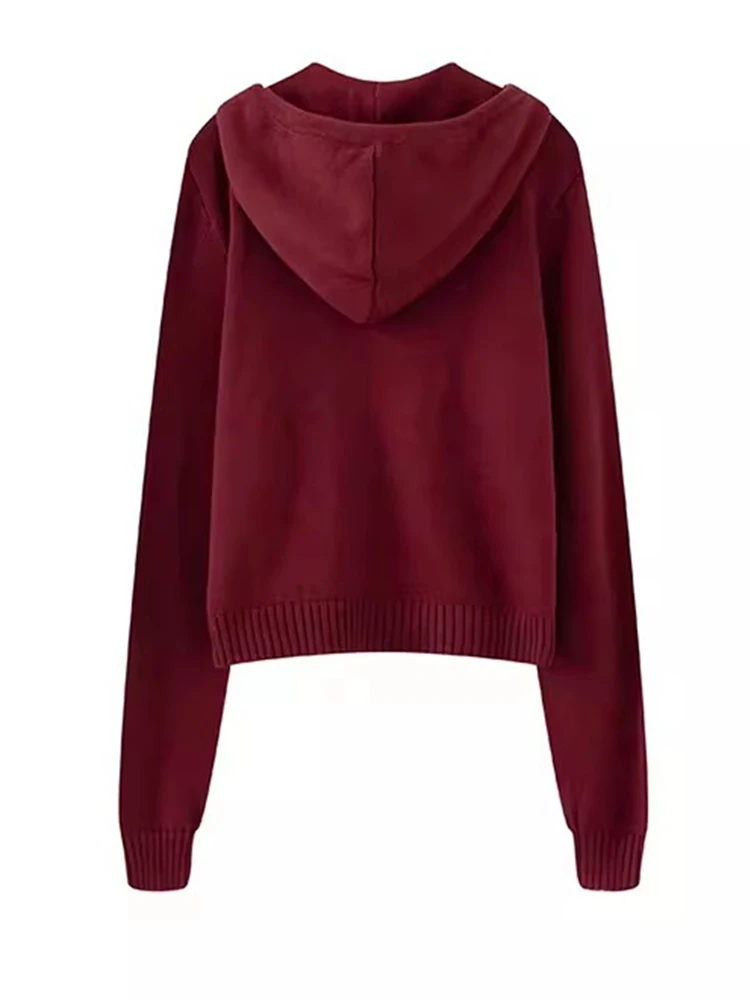 PUWD Women Fashion Solid Wine Red Zip-up Sweatshirts 2023 Autumn Vintage Pocket Knit Hooded Coats Casual Female Chic Outwears