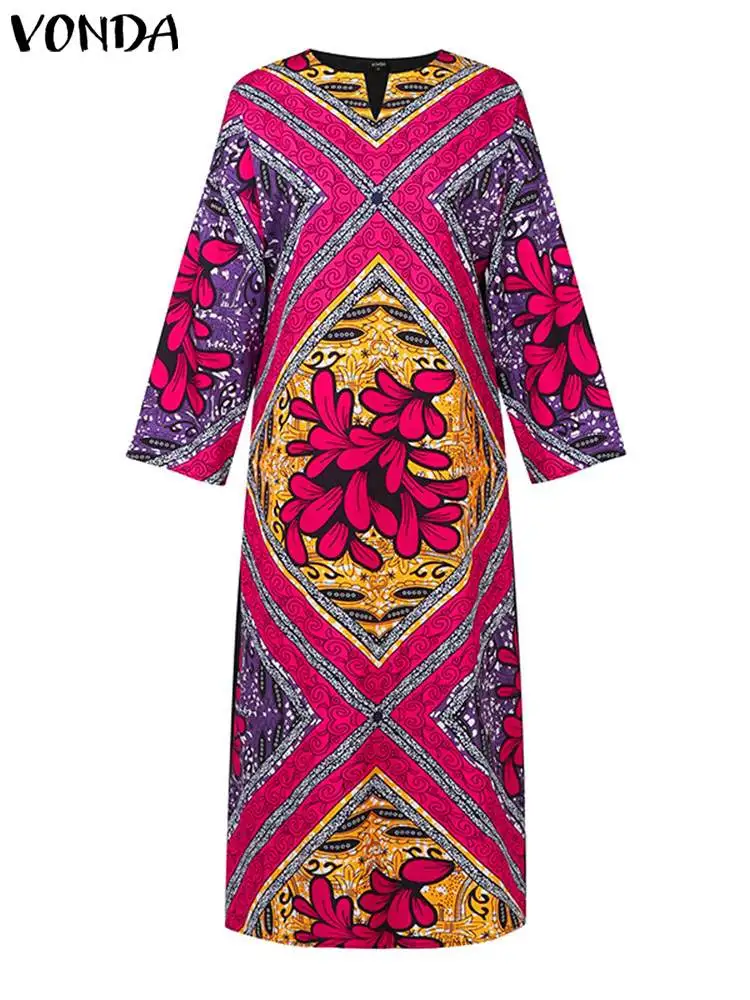 Plus Size VONDA Women Bohemian Maxi Dress Printed Long Sleeve Autumn Vestidos 2024 Fashion Loose Robe Casual V Neck Sundress