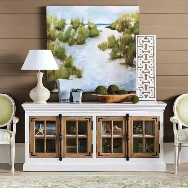 American Retro Solid Wood Dining Side Cabinet Floor to Ceiling Nordic Style Simple Wine Cabinet TV Stand Storage Unit