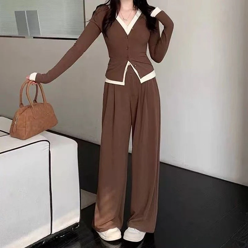 

Женский комплект из двух частей из двух частей с v-образным вырезом и цветными блоками, осенний повседневный элегантный комплект из двух предметов