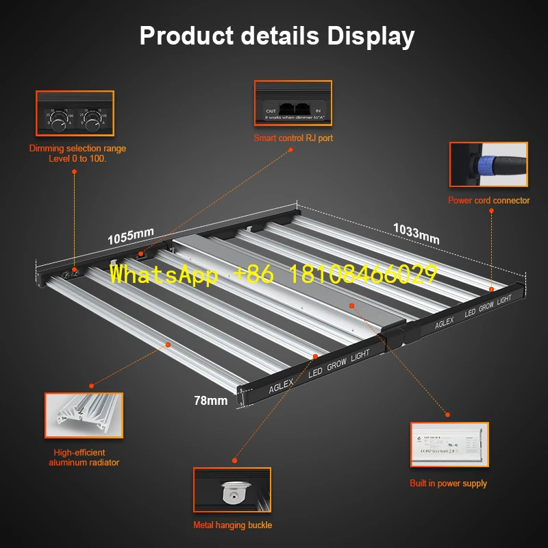 

y LM281B Chip for Indoor Plants IP65 Rated Bloom 8-Bar 1000W Full Spectrum Dimmable LED Grow Lights Foldable Aluminum Bod