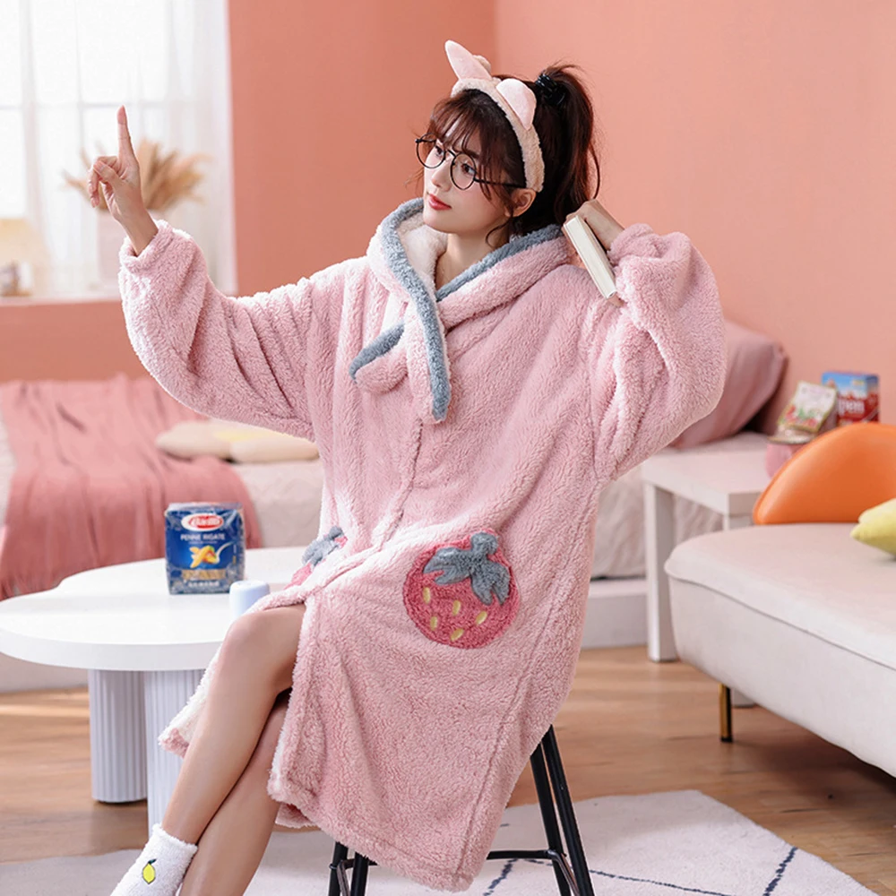 Winter Long Sleeve Thick Warm Flannel Nightgowns for Women Pink Strawberry Sweet Cute Coral Velvet Sleepwear Nightdress Nighty