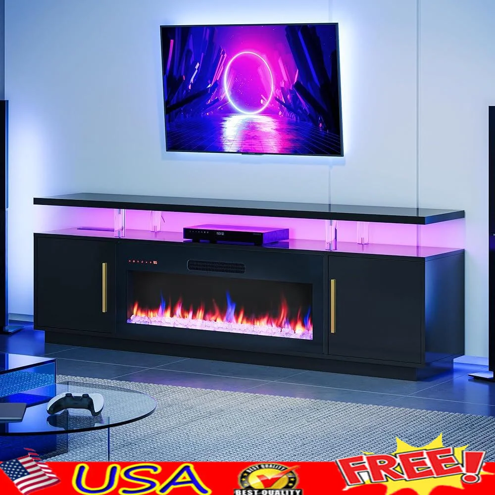 79 Inch TV Stand Electric Fireplace Entertainment Center with Adjustable Flame 4AC USB Power Strip Storage Cabinet Living Room