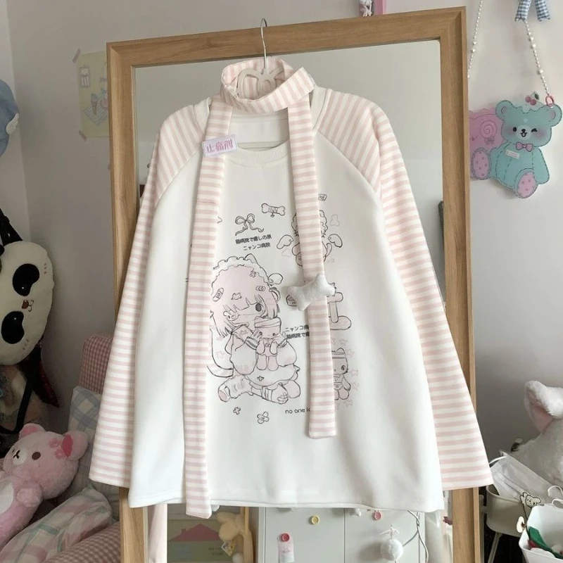 

Y2k Japanese Sweet Long Sleeve Tee Kawaii Cartoon Print Women Casual Top Striped O-Neck Patchwork Cute Slim Spring Autumn