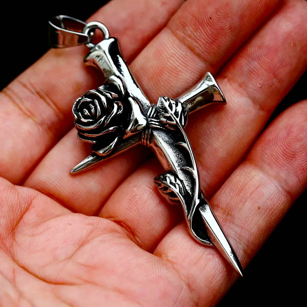 New Arrival 316L Stainless Steel Nail Cross Rose Pendant Necklace High Polished Men's Pendant Romantic Jewelry Gift Wholesale