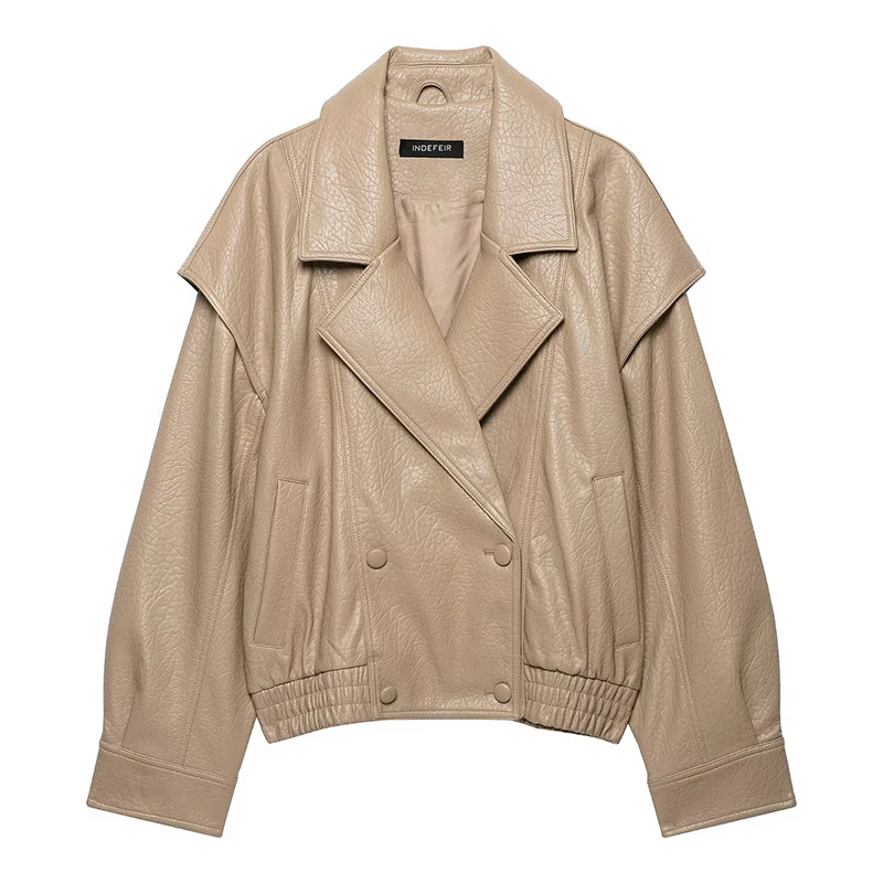 YENKYE  Europen And American Faux Leather Bomber Jacket For Women  Autumn Winter Double Breasted Warm Motorcycle Coat