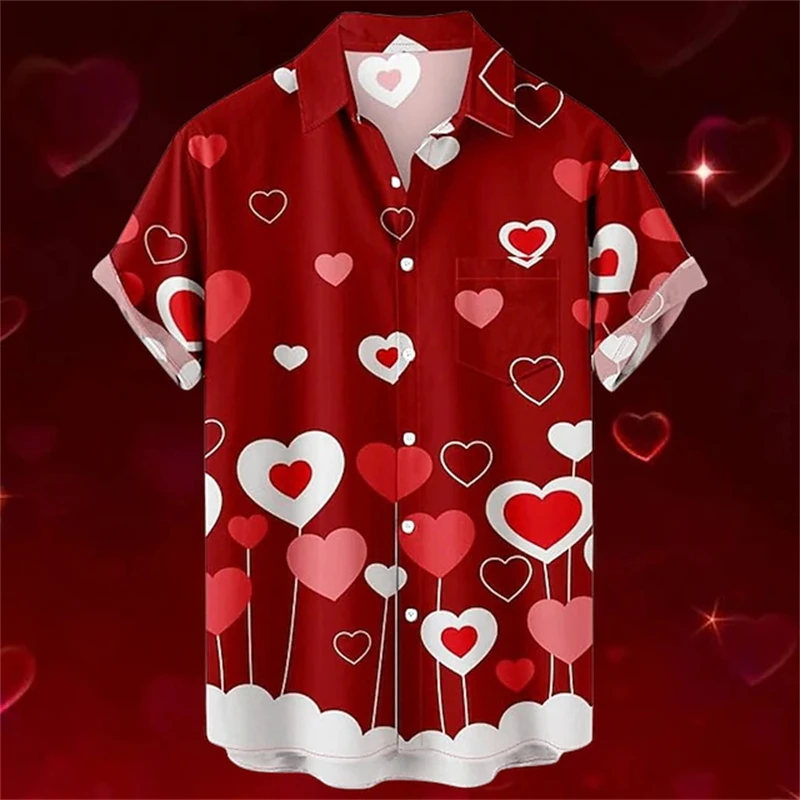 

Heart Love Print Men Women Couple Shirt Summer Short Sleeve Button Blouse Valentine Day Clothes Party Social Dress Male Tops New
