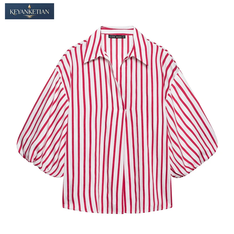 

KEYANKETIAN 2026 Casual Striped V-Neck Shirt Women Collared Balloon Sleeve Loose Fit Red White Striped Summer Blouse Top