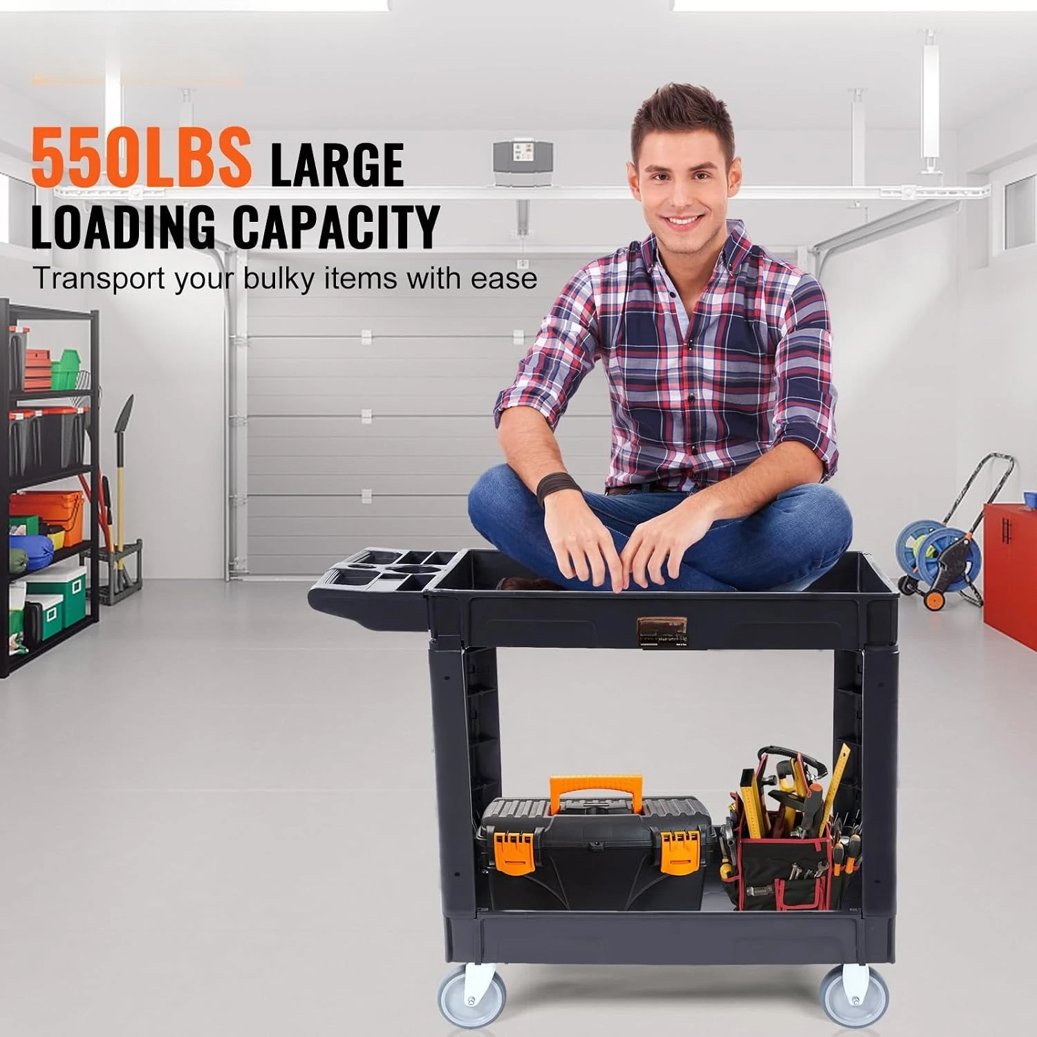Utility Service Cart, 2 Shelf 550LBS Heavy Duty Plastic Rolling Utility Cart, Medium Lipped Shelf, 360° Swivel Wheels, Ergonomic Storage Handle for Warehouse Garage, Black | Heavy Duty Rolling Cart with 360° Swivel Wheels
