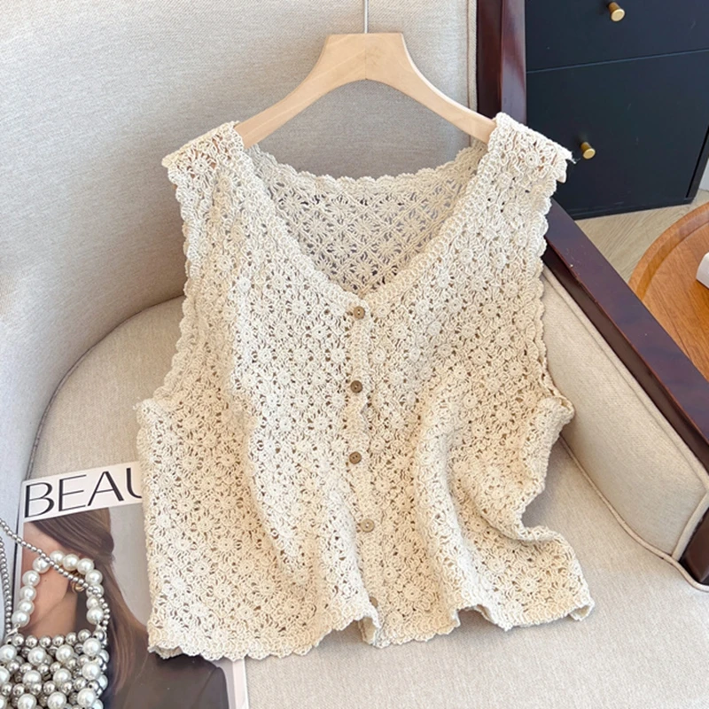 

Vintage Boho Style Beige Crochet Lace Vest Woman Sleeveless Knit Tank Top Spring Summer Short Cover Up Elegant Waistcoat Clothes