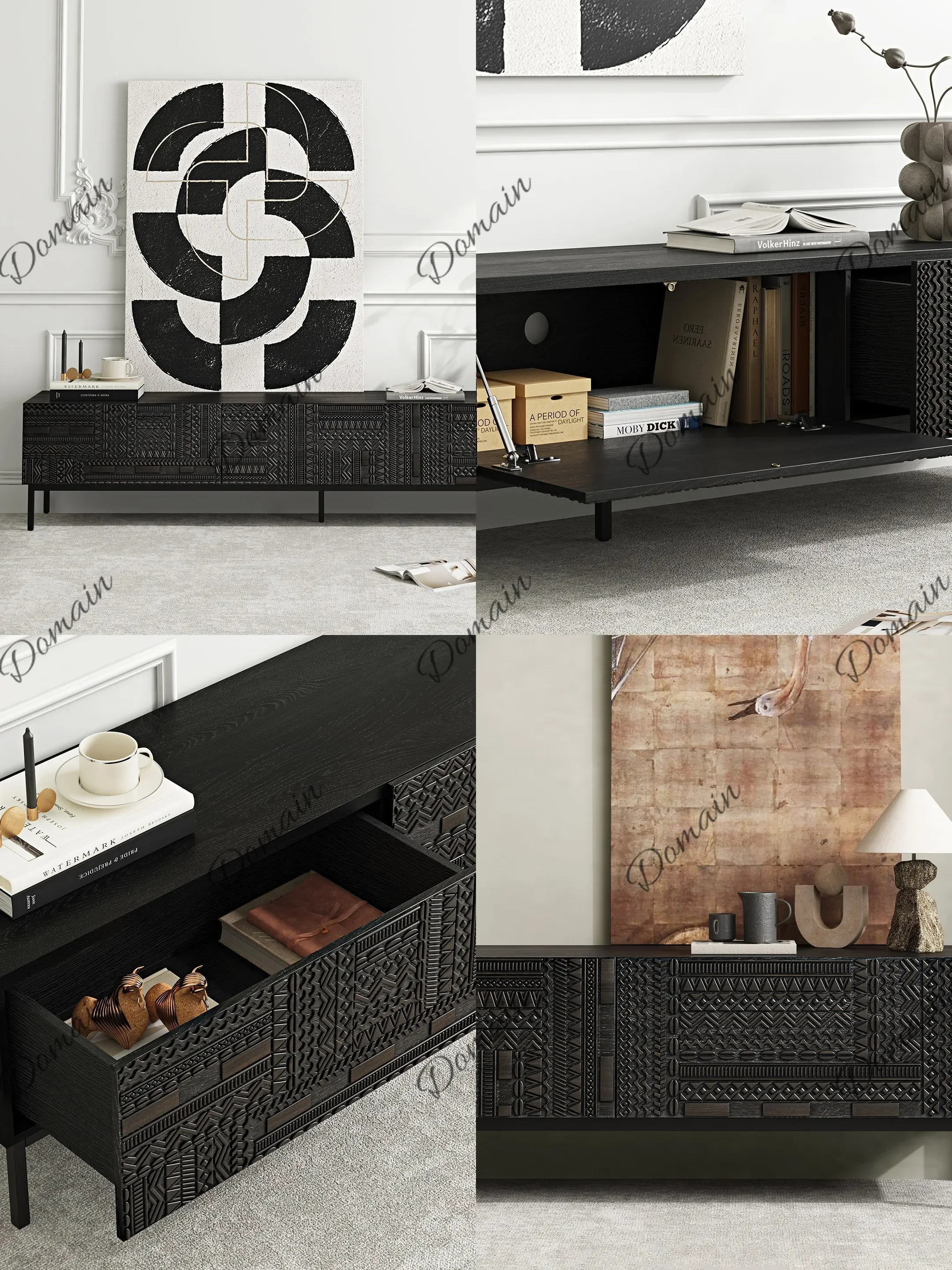 BJ Nordic Solid Wood TV Stand Mian Teak Black French Retro Hand Carved Cabinet Italian Minimalist