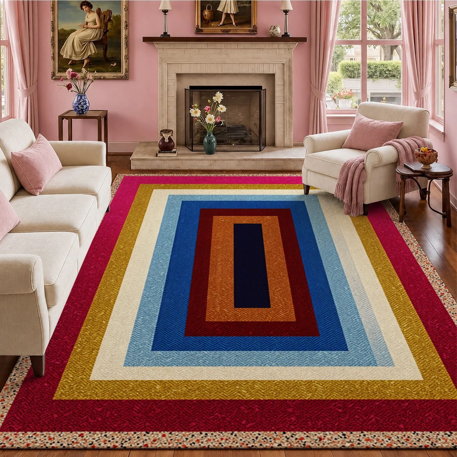 Geometric Concentric Rectangular Striped Area Rug Velvet Machine Washable for Living Room Bedroom Entryway, Ideal for Halloween Thanksgiving Black Friday Christmas New Year Home Decor