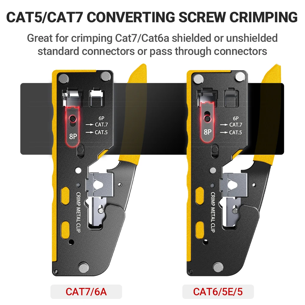 Denswire Pass Through RJ45 Crimping Tool, Stripping Taglio Crimpatura Ethernet Crimper per connettori RJ11 RJ45 Cat8/7/6A/6/5E