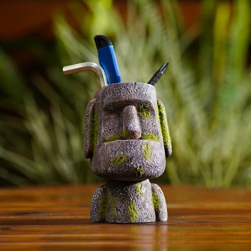 Vintage Easter Island Statue Figurine with Pen Holder, Creative Desktop Decor for Home and Office  Novelty Birthday Gift