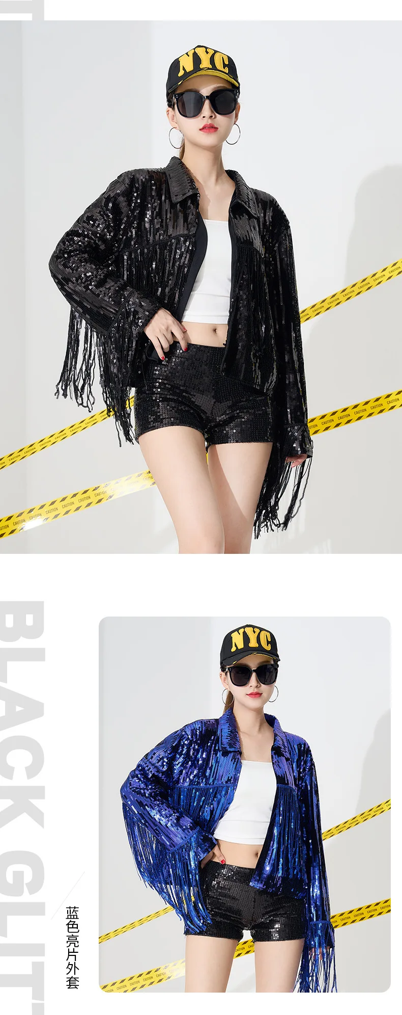 IOOTIANY Damen-Partyjacke mit goldenen und schwarzen Pailletten, glänzende, lässige Pailletten-Blazerjacke mit Fransen, geeignet für Bars, Nachtclubs und Bühnenauftritte. – Detail 8