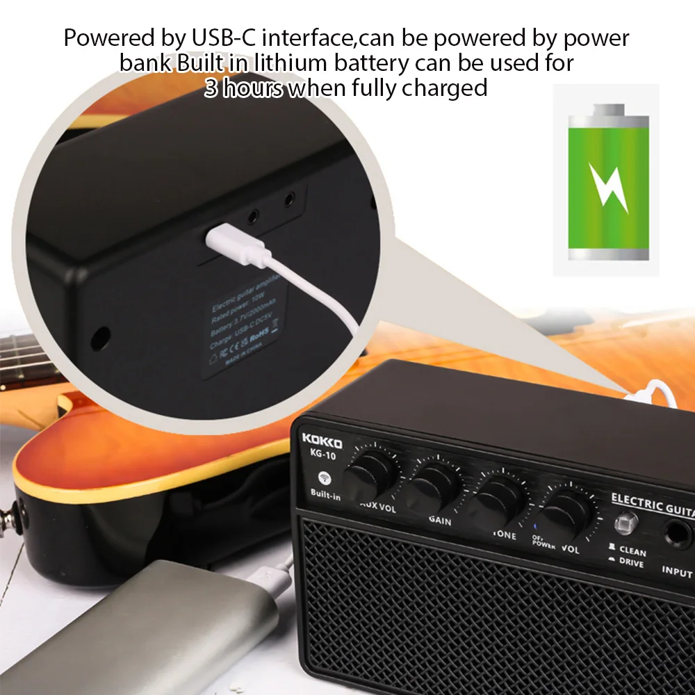 KOKKO 10W Small Electric Guitar Amp Mini Portable Guitar Practice Speaker for Daily Practice Street Performances Rechargeable