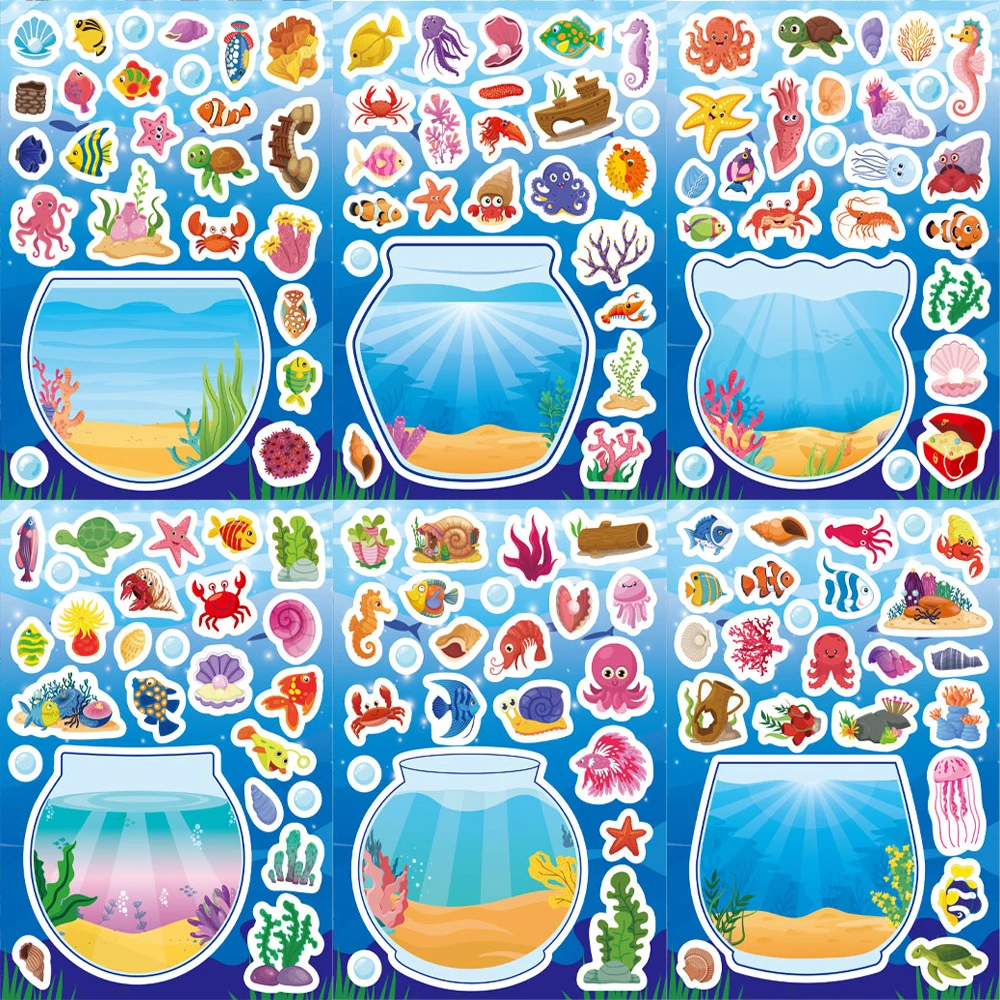 

8/16sheets Funny Cartoon Lucky Fish Tank Puzzle Sticker Marine Animals Creative Assemble Jigsaw DIY Decals Decoration Supplies