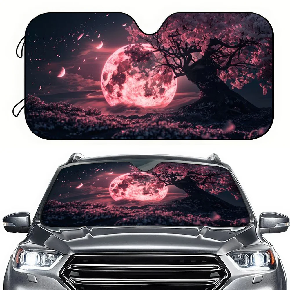 

1pc Car Sunshade, Red Cherry Blossom Fantasy Night Scene Car Sun Visor, Anti-Uv Cooling Car Shade Suitable for Sedan