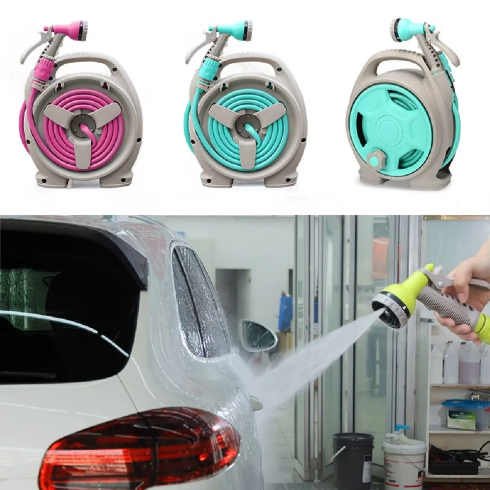 Mini Portable Garden Pipe Hose Reel Cart With Water Spray Gun Set Car washer Agricultural Home Garden Storage Cart Garden  Hose