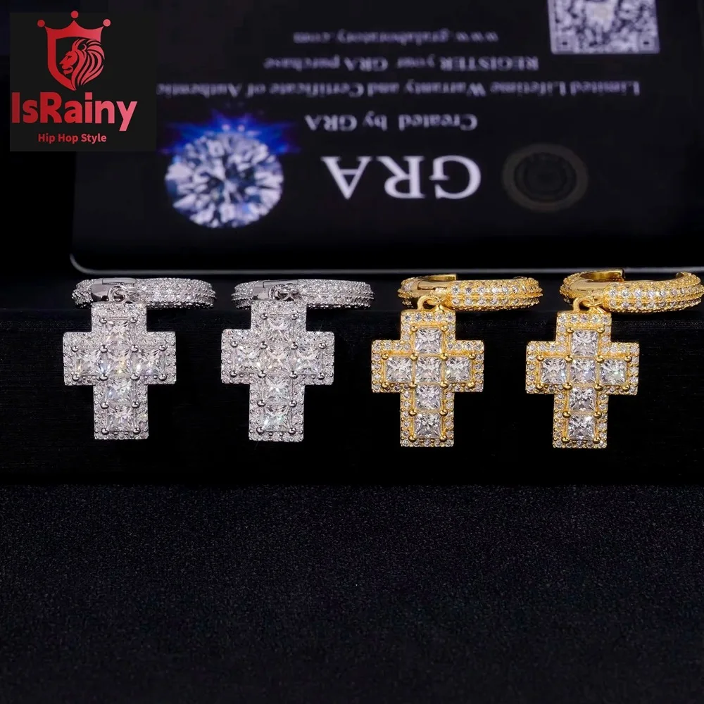 

IsRainy Хип-Хоп Рок VVS1 D Серьги-капли из настоящего муассанита GRA Стерлингового серебра 925 пробы с крестом Изысканные ювелирные изделия с бриллиантами Пропускной тест