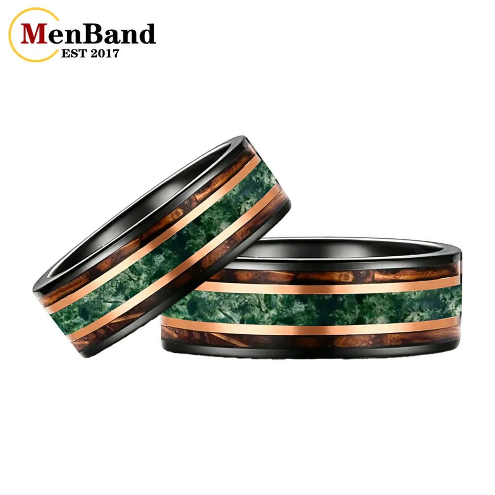 

Men's 8mm Tungsten Carbide Wedding Band, Moss Agate & Whiskey Barrel Wood Inlay， Dual Rose Gold Stripes design, Comfort Fit Size