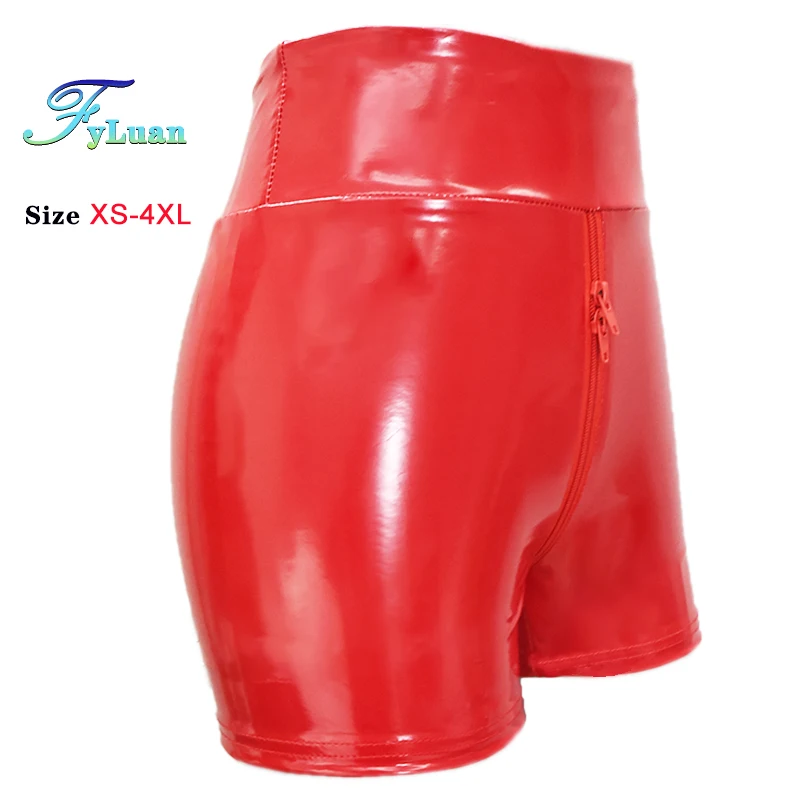 Calças curtas justas brilho couro pu vermelho zíper duplo feminino elástico cintura alta wetlook látex quente goth shorts clubwear