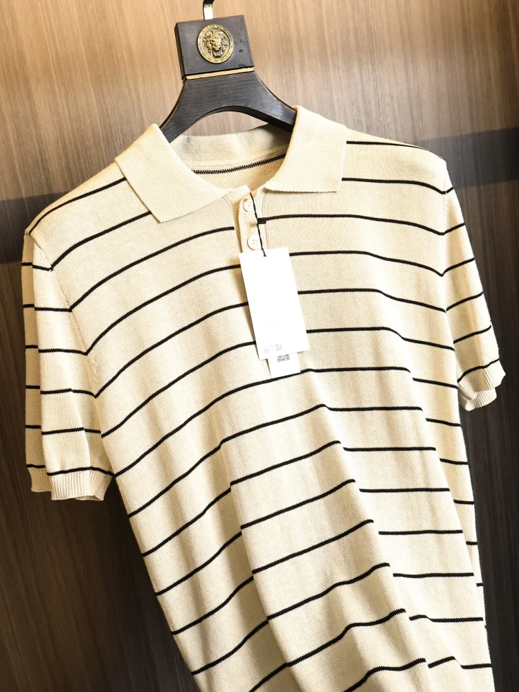 

Breathable Stripe Shirt Men's Summer Business Short Sleeve Knitted Fashion Urban Style Comfortable Casual Necktie T-Shirt