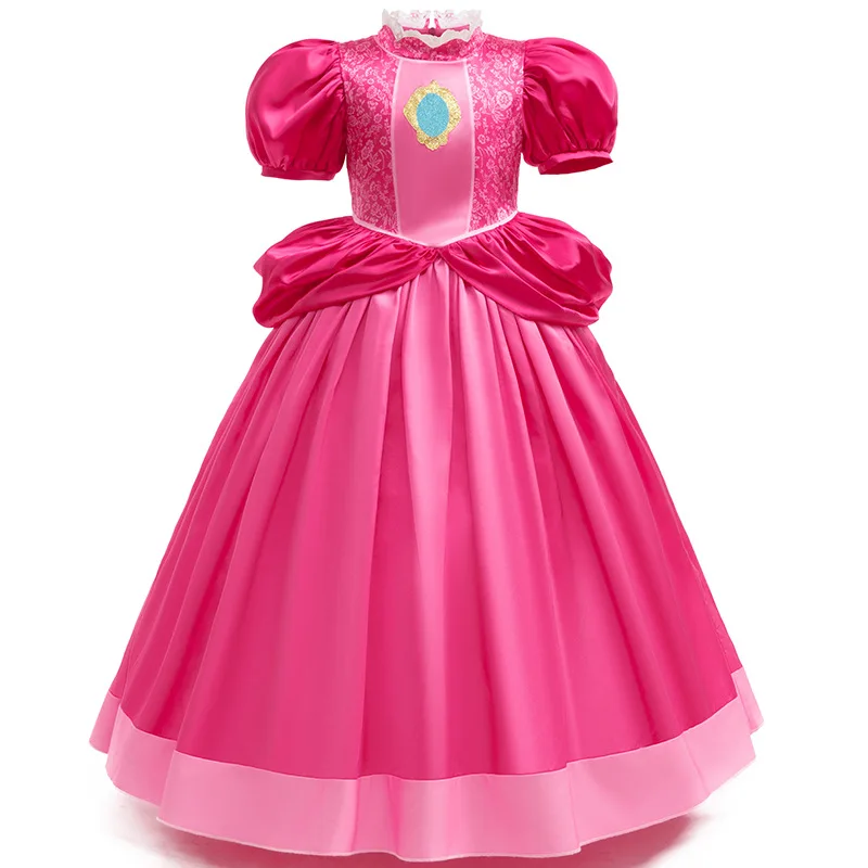 Kids Girls Pink Evening Long Dress Princess Peach Cosplay Costume Birthday Gift Outfit Children Halloween Carnival Party Dresses