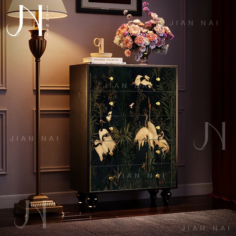 TAO French Chinese style five buckets and six buckets, bamboo forest crane picture, living room against the wall, drawer cabinet