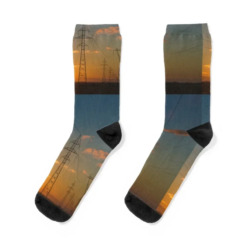 Electricity transmission tower sunset view Socks funny sock aesthetic Boy Child Socks Women's