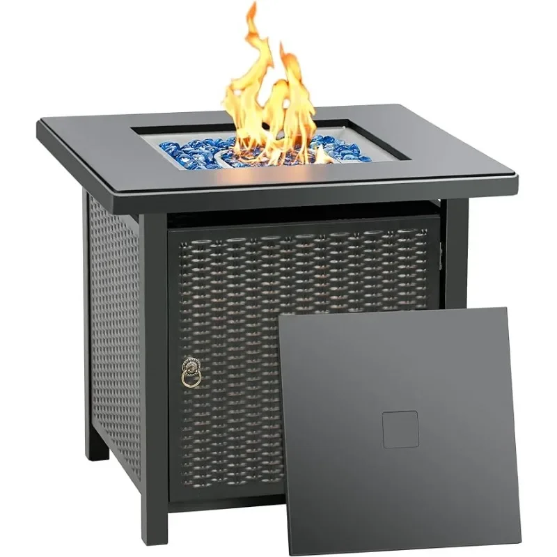 28 Inch Propane Fire Pit Table Rattan & Wicker-Look 50,000 BTU Gas Firepits with Blue Fire Glass for Outside Patio