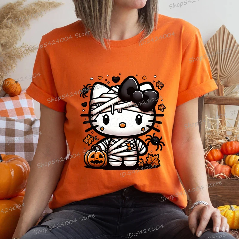 

Милая футболка с принтом «Hello Kitty» на Хэллоуин, женская футболка с круглым вырезом, жуткий сезон, праздничные топы, свободные хлопковые осенние винтажные футболки на Хэллоуин