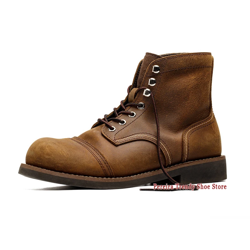 Autumn Winter Vintage Leather Motorcycle Boots for Men Trendy Versatile Round Toe Thick Soled Short Boots Lace-Up High Top Shoes