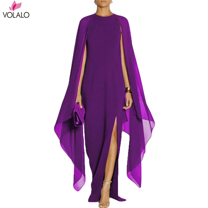 Black/Blue/Red/Purple New Design Long Batwing Sleeve Elegant Ladies Casual Party Wear Side Split Chiffon Maxi Dress Wholesale