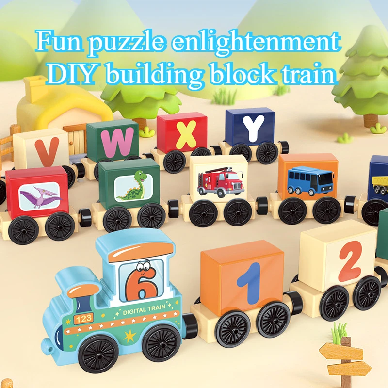 Children's Assembled Numbers / Letters / Dinosaurs / Cars Connected Drag Train, Fun Puzzle Enlightenment, Smooth and Burr-free