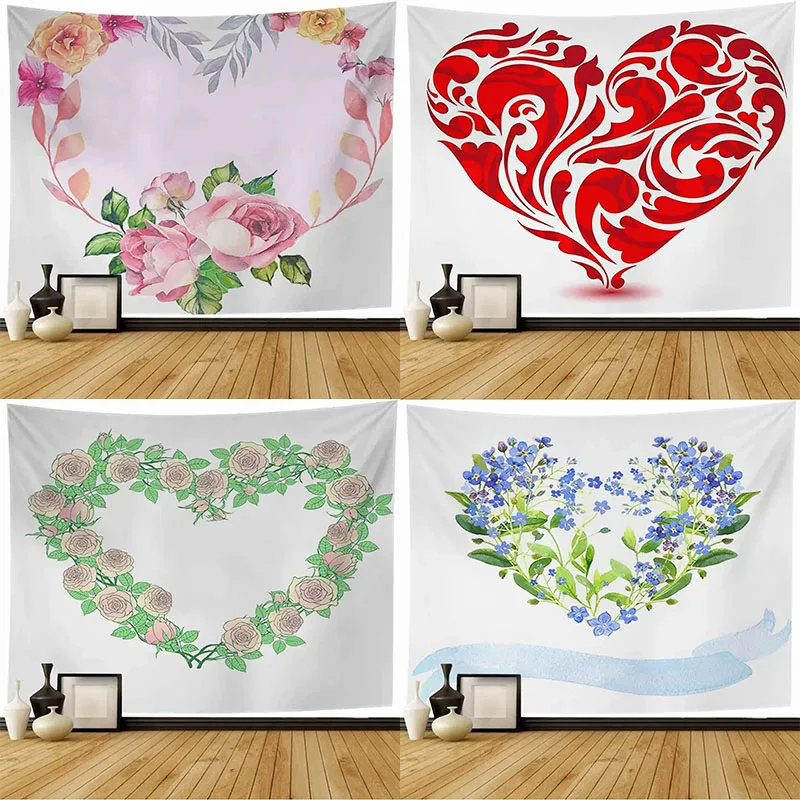 Romantic Heart Shape Floral Tapestry Office Living Room Decoration Home Wall Tapestry