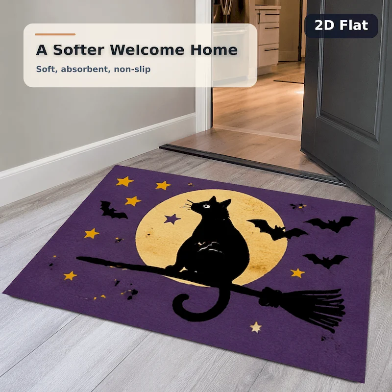 VIKAMA Halloween Black Cat Printed Floor Mat, Entrance Anti Slip Carpet, Bedroom Bedside Soft Floor Mat, Home Decoration