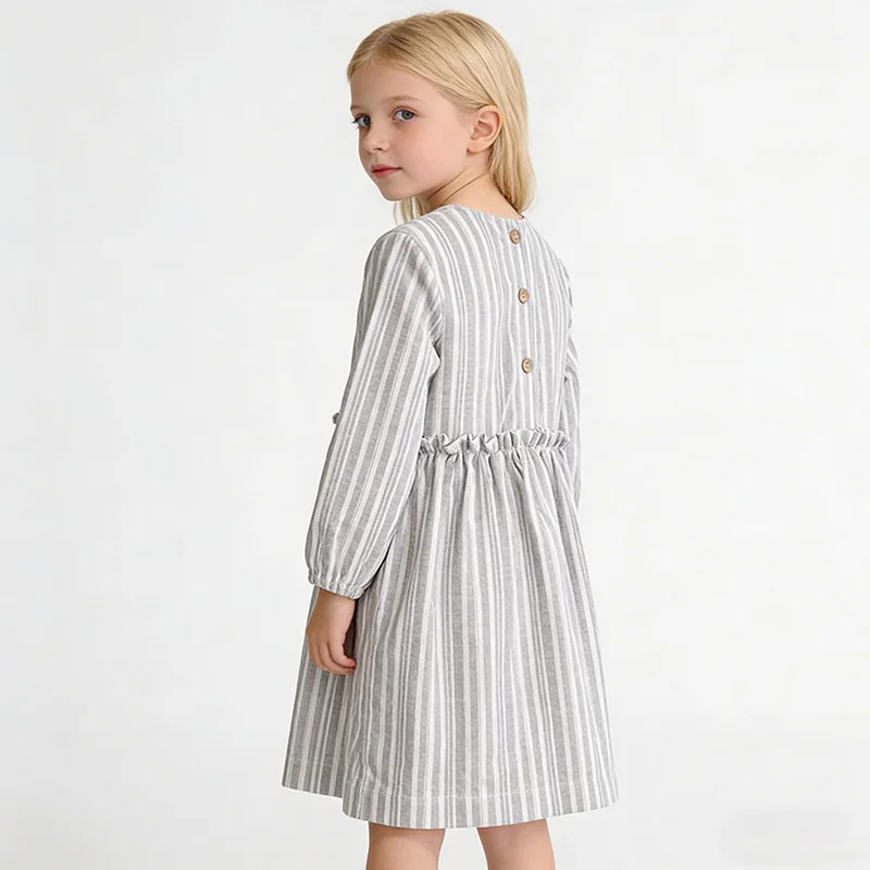 

Girls Cotton And Linen Splicing Striped Dress 2026 Spring Japanese New Baby Girl Casual Loose Long-Sleeved Milled Linen Dresses