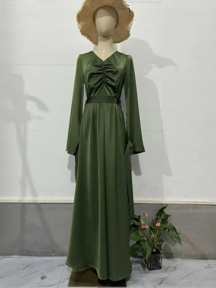 Vestido elegante de lujo para mujer, satén mercerizado, verde, Color sólido, ajustado, con cuello en V, con cordones, plisado, vestidos de fiesta de péndulo para mujer