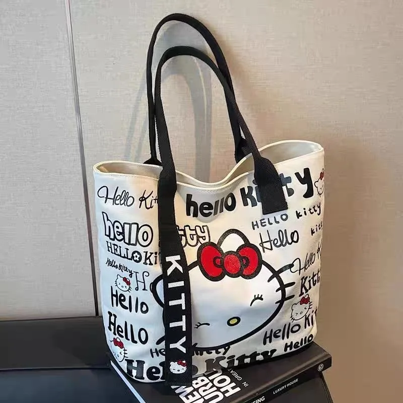 

New Anime Character Hello Kitty Large Capacity Tote Bag Stylish Canvas Handbag Kawaii Lightweight Shoulder Bag Storage Bag