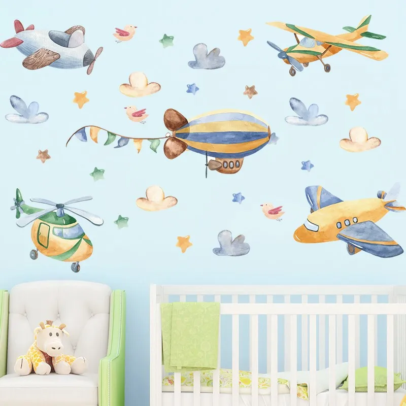 Cartoon Helicopter Aircraft Fighter Jet Wall Stickers For Kids Room Home Decoration Diy Plane Mural Art  Boys Decal Pvc Poster