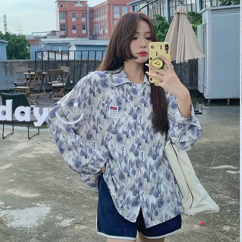 

2025 New Lazy Style Long Sleeve Tie Dye Shirt Women's Design Vintage Hong Kong Style Loose Fit Floral Print Button down Top