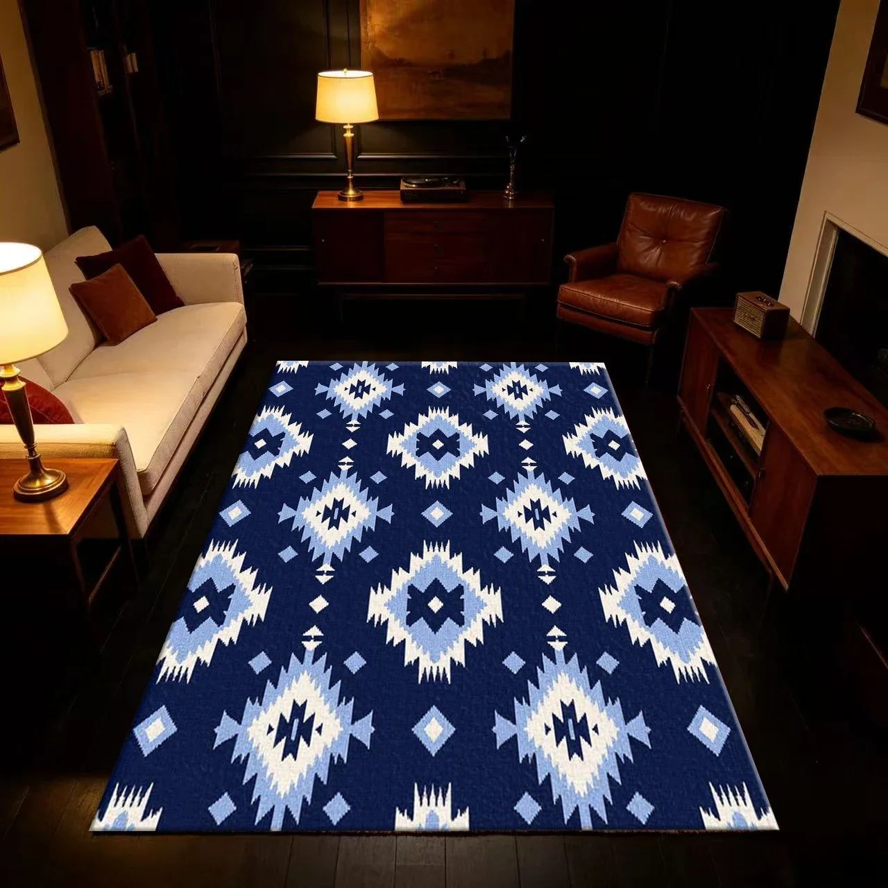 Navy Blue and White Bohemian Aztec Tribal Geometric Pattern Carpet Floor Non-Slip Mat