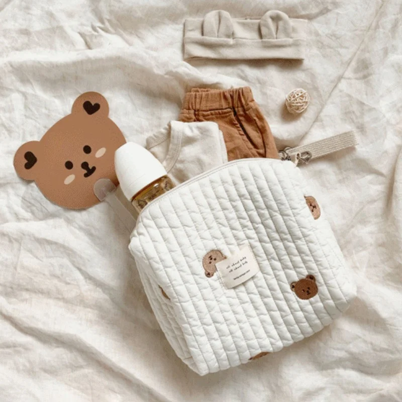 

Cotton Baby Diaper Bag Nappy Pouch Travel Stroller Storage Bags South Korea's Ins Cute Bear Embroidery Mommy Bag Handbags