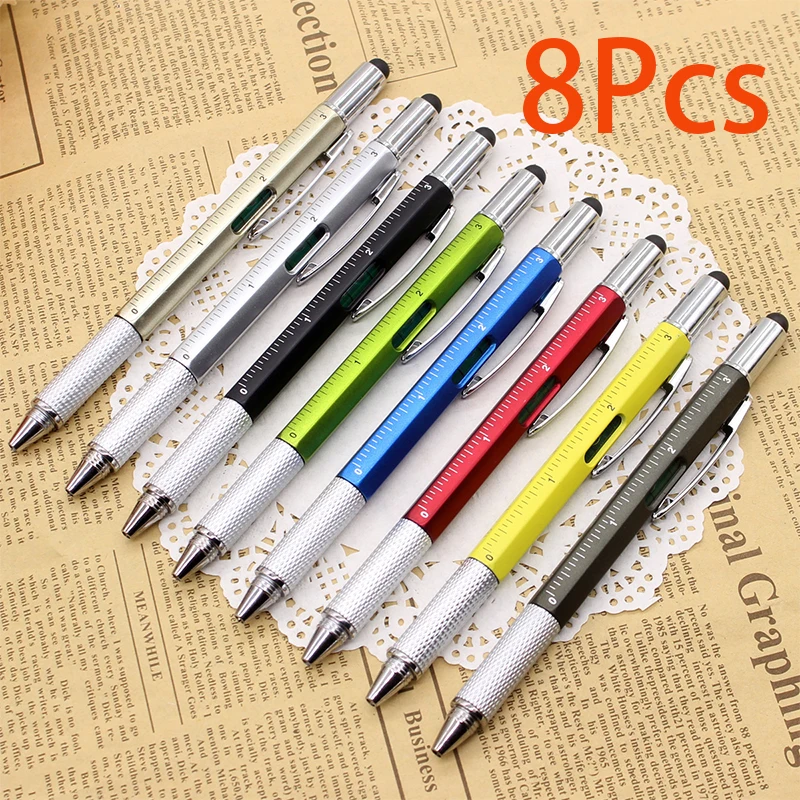 8Pcs Gift Pen for Men 6 in 1 Multitool Tech Tool Pen Screwdriver Pen with Ruler, Levelgauge, Ballpoint Pen